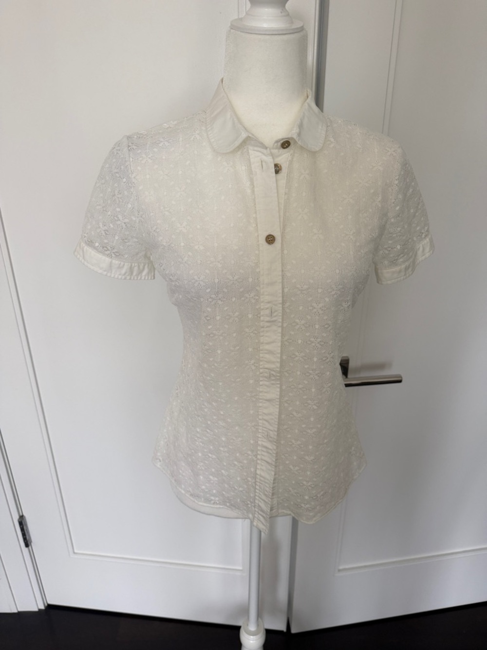 Dolce & Gabbana Cream Eyelet Short-Sleeve Button-Down Shirt